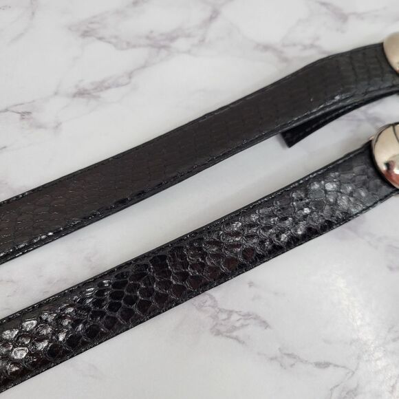 Vintage Black Snakeskin Leather Belt with Silver and Gold Toned Buckle